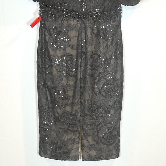 $598 Mac Duggal 12440 Size 10 Black Floral Lace Puff Sleeve V-Neck Midi Dress - Picture 10 of 11